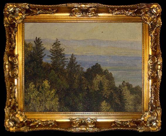 framed  Carl Gustav Carus Blick uber einen bewaldeten Abhang in weite Gebirgslandschaft, ta009-2